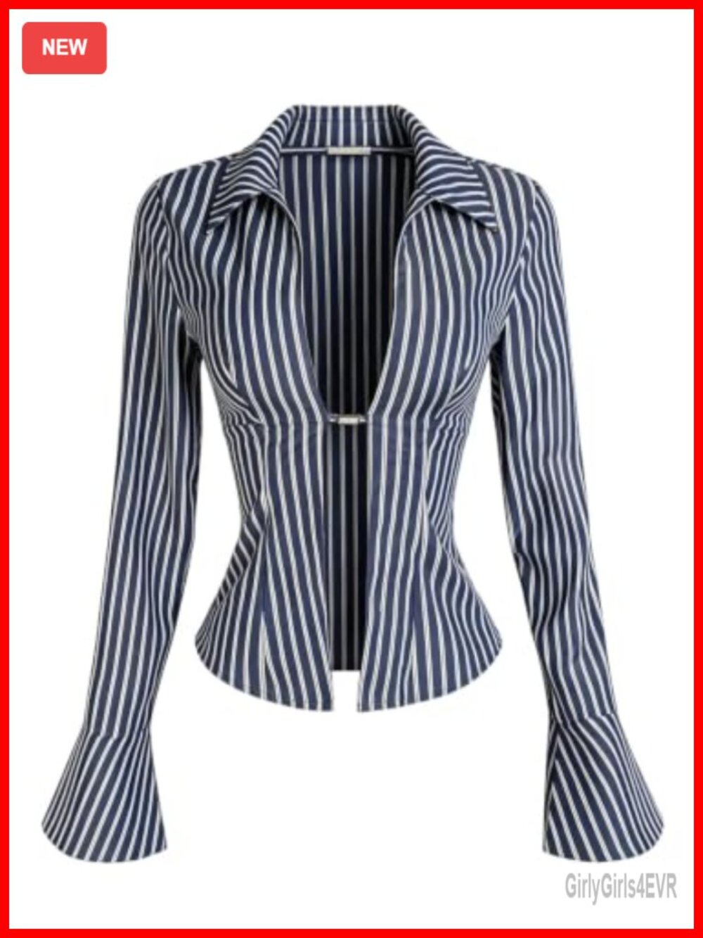 Women's Striped Collared Crop Blouse with Ruffle Bell Sleeves